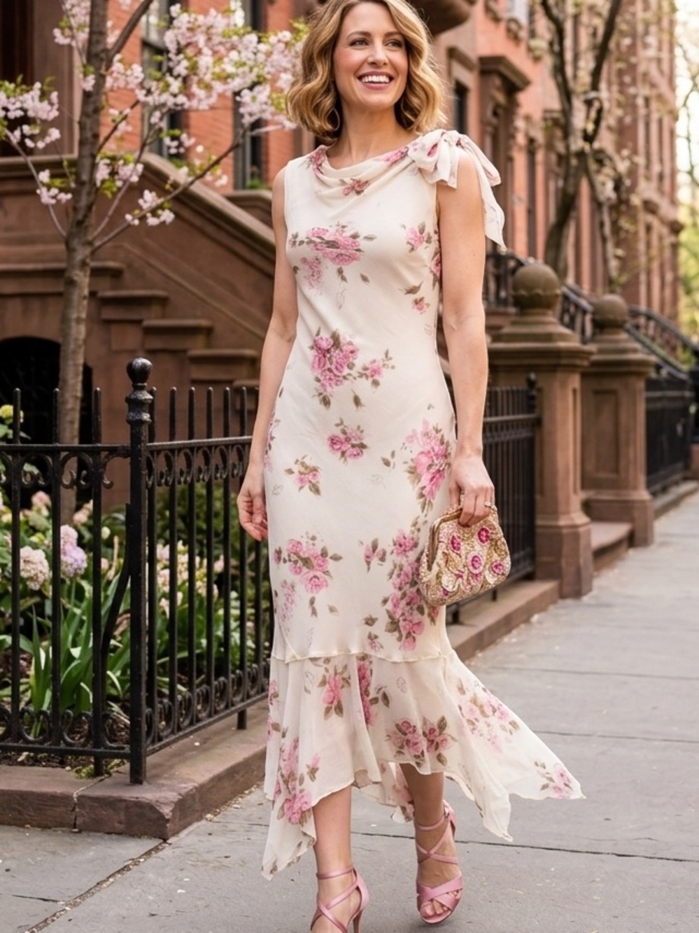 Vtg CDC Petite Floral Maxi Dress Carrie Bradshaw Sex and the City Style Beaded 8